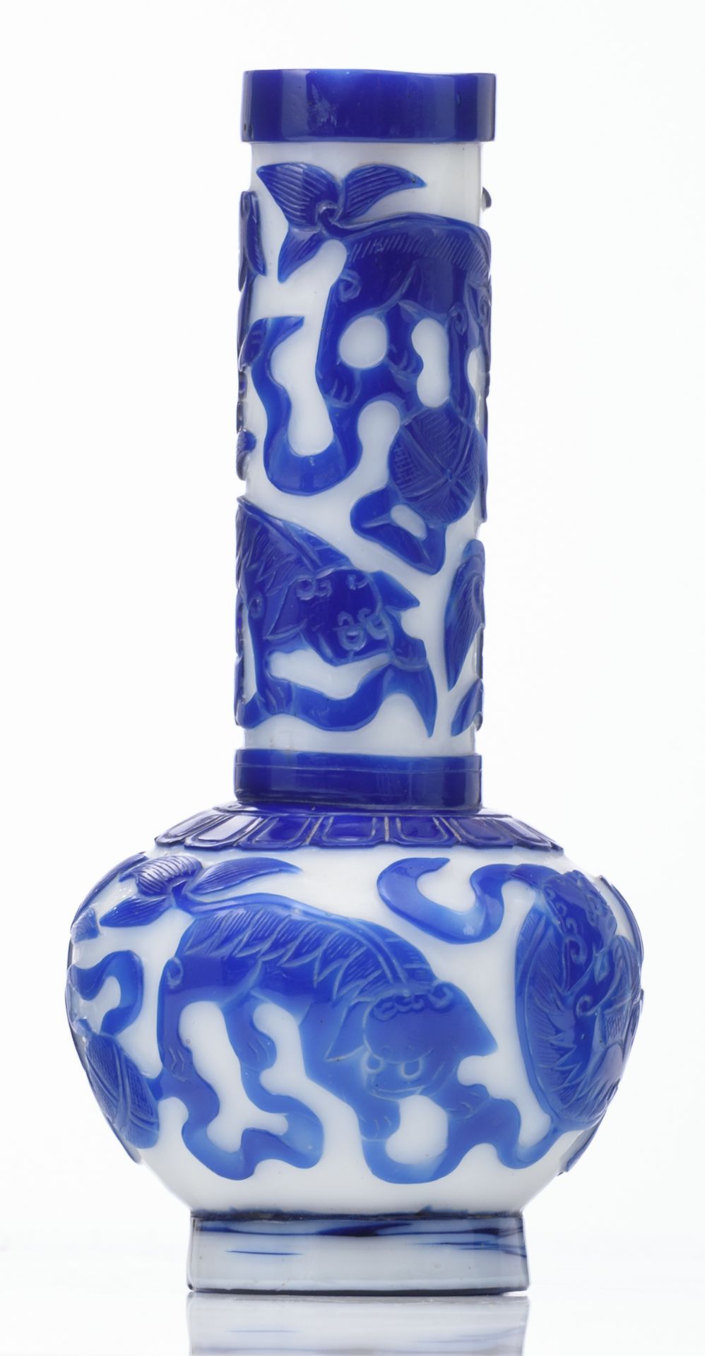 A Chinese 'Peking glass' blue and white bottle vase, relief decorated with qilins, H 22,5 cm - Image 3 of 7