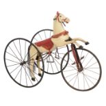 A wooden polychrome painted tricycle toy horse, the tail out of natural horsehair, the mechanic part