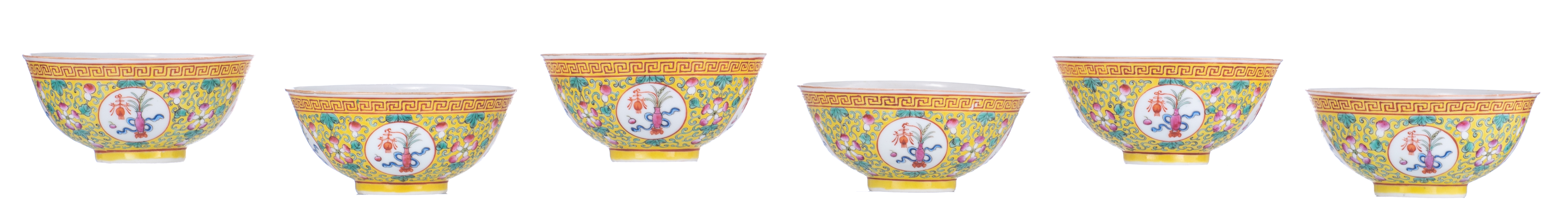 Six Chinese yellow ground famille rose floral decorated bowls, the panels with flower vases, the ins - Image 2 of 8
