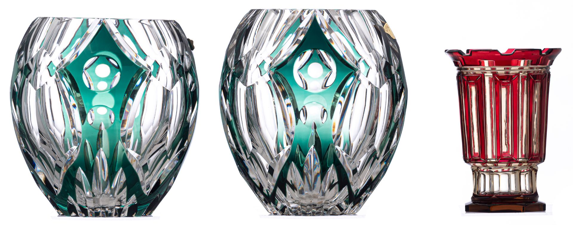 Two crystal cut green overlay Val-Saint-Lambert vases, one dedicated 'In Honour of the 25th annivers - Image 5 of 15