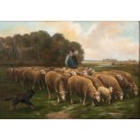 Dupré J., a shepherd and his flock of sheep, oil on canvas, 51,5 x 70 cm