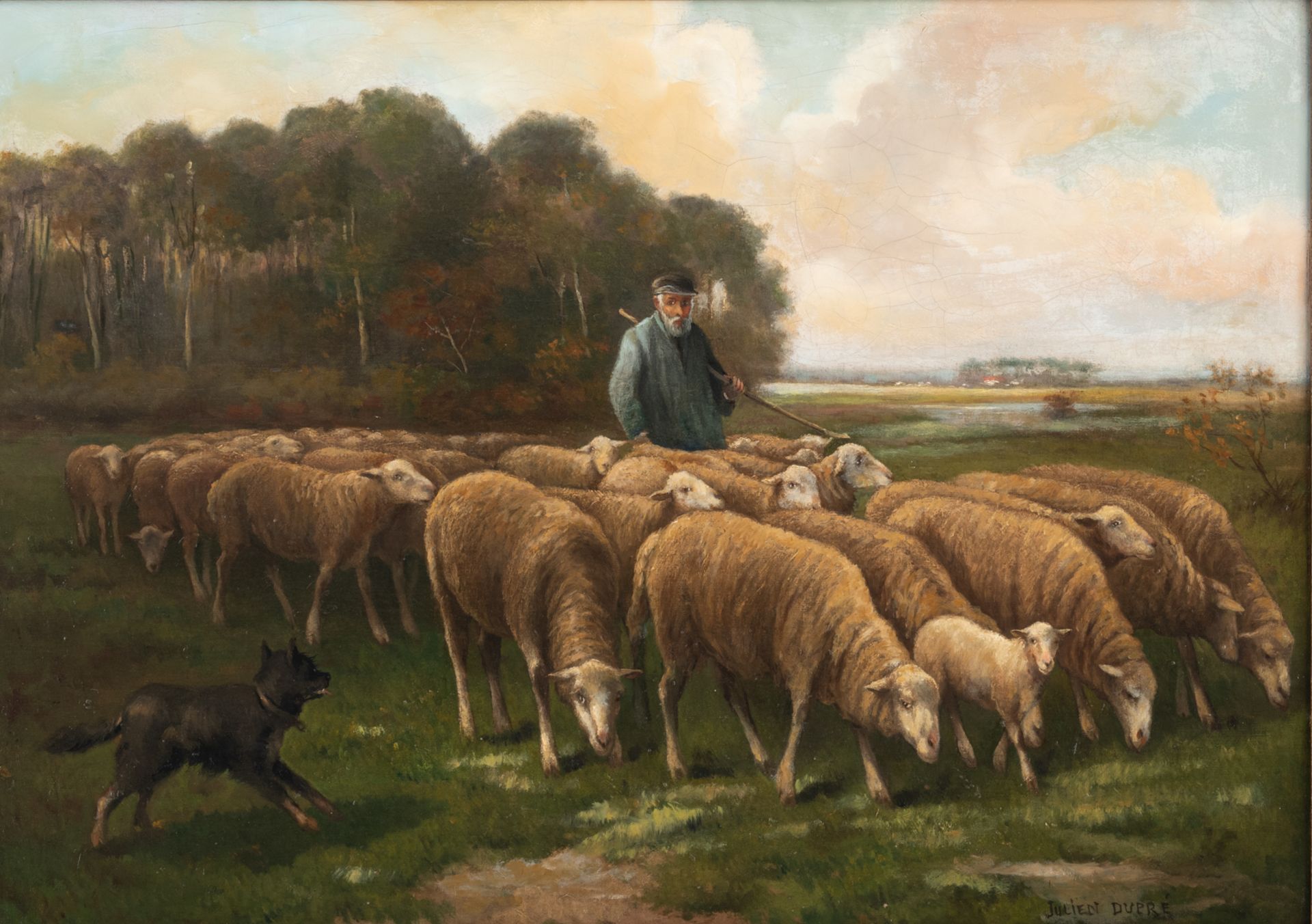 Dupré J., a shepherd and his flock of sheep, oil on canvas, 51,5 x 70 cm