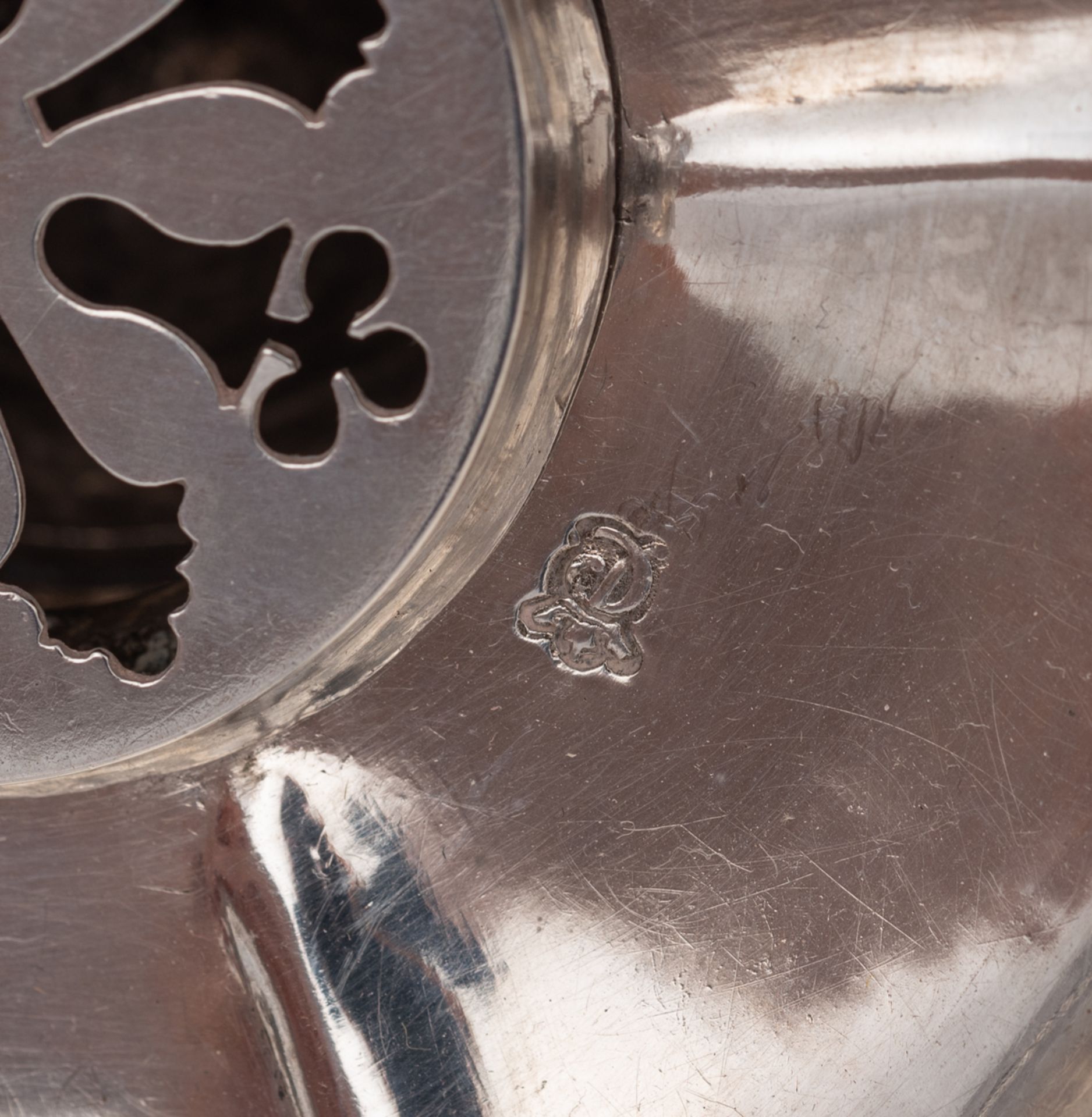 A pair of probably French 18thC Regence style silver table stoves marked with undefined hallmarks, s - Image 7 of 8