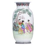 A Chinese Republic period famille rose and polychrome vase, decorated with ladies in a garden settin