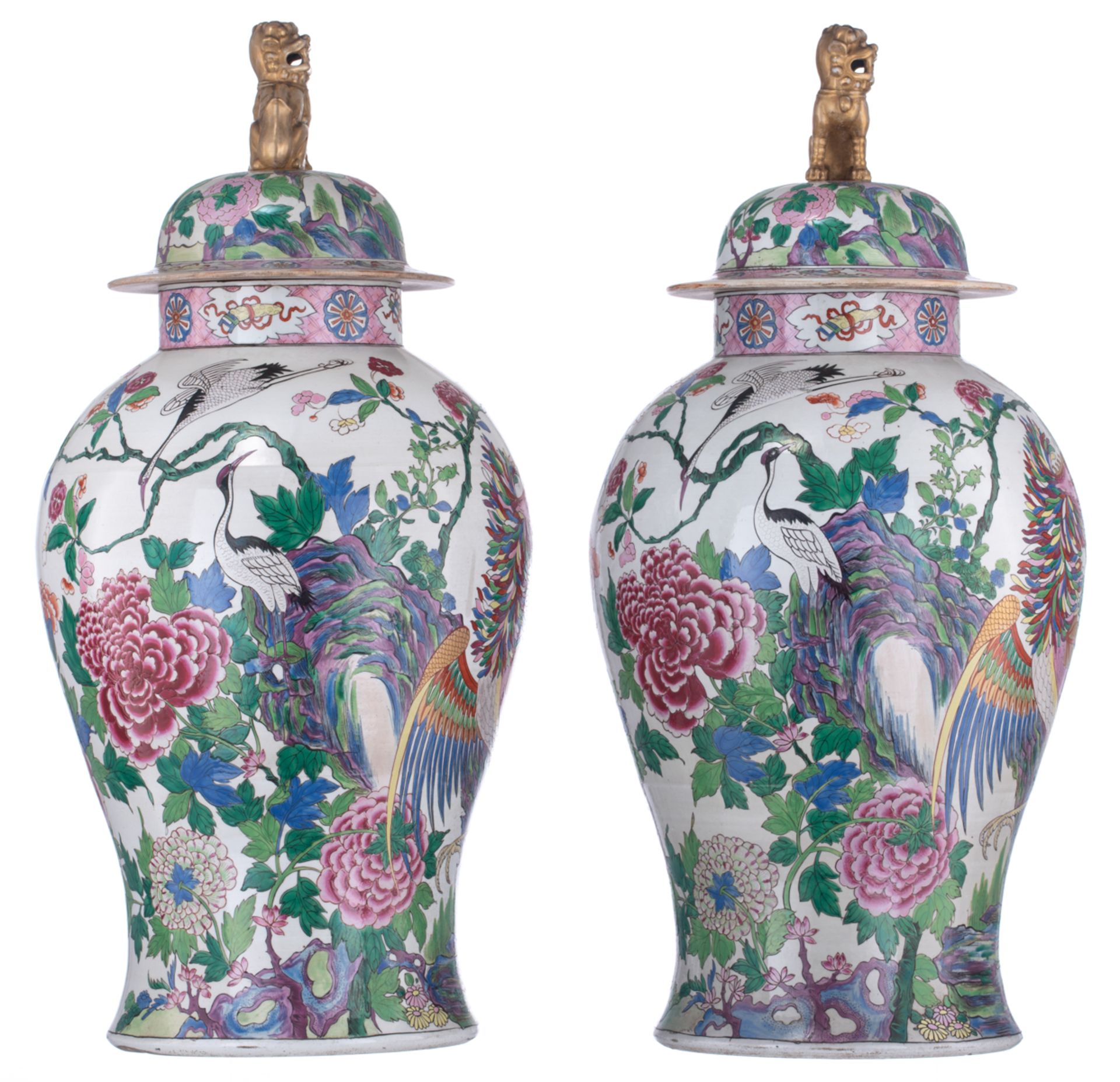 A large pair of covered famille rose Samson vases, decorated with birds and griffons in a floral set - Image 4 of 8