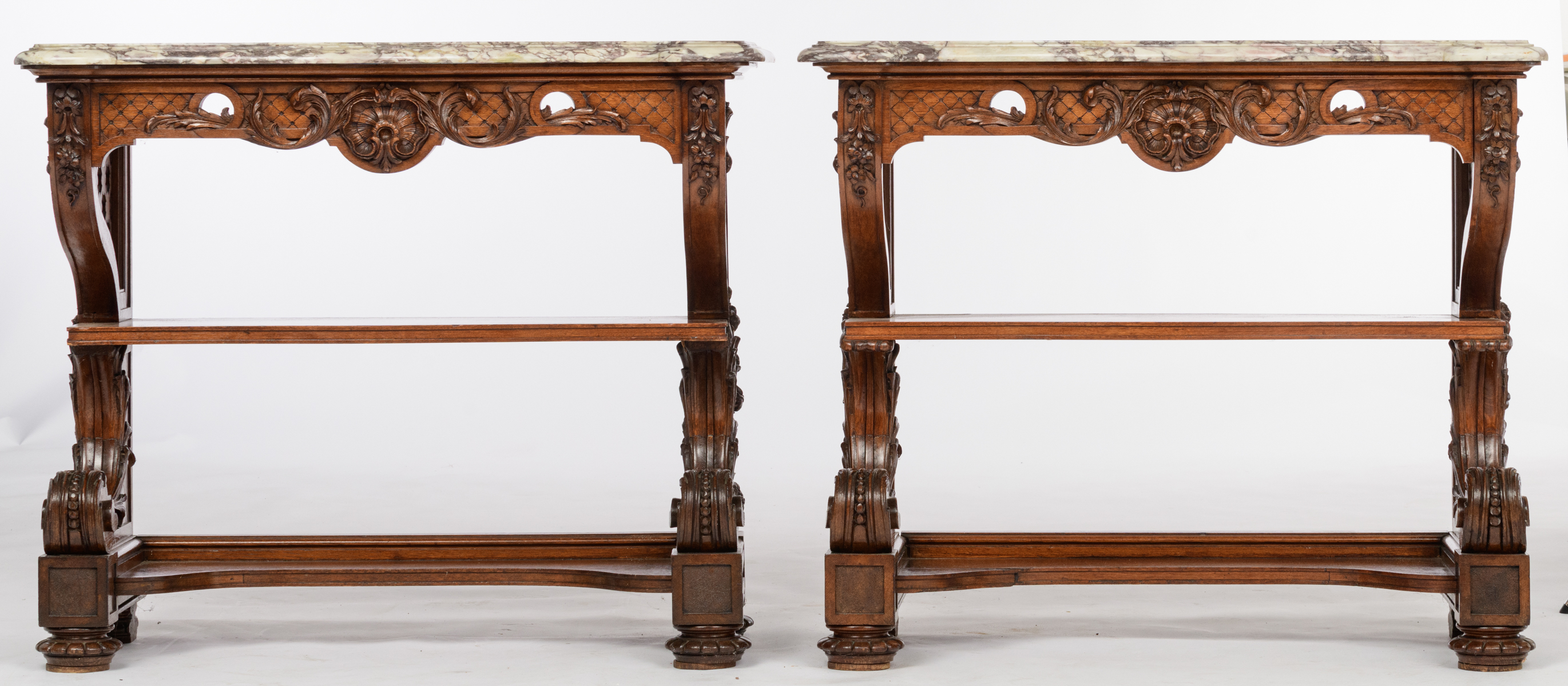 A pair of richly carved oak Baroque style wall consoles, with a Brèche violet marble top, H 89 - W 1 - Image 2 of 5