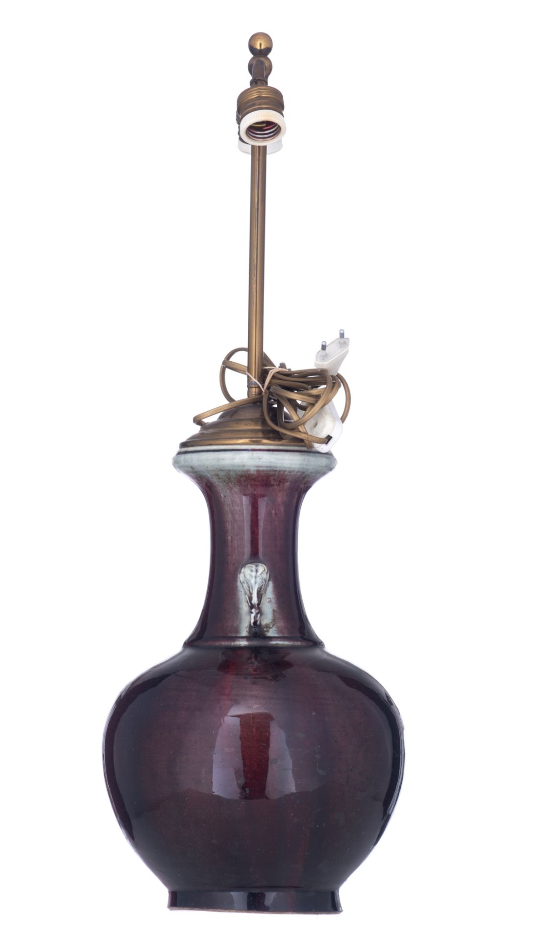 A Chinese flambé glazed bottle vase with elephant's head-shaped handles, mounted as a lamp; added a - Image 4 of 13