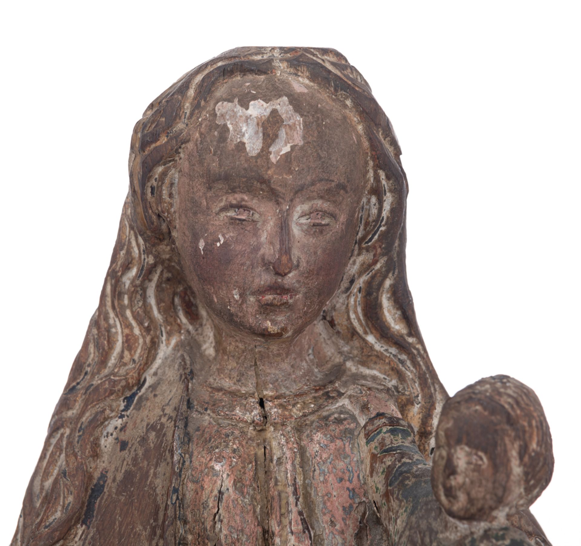 A 16th/17thC oak sculpture with traces of polychrome paint representing the Nursing Madonna, Souther - Image 6 of 7