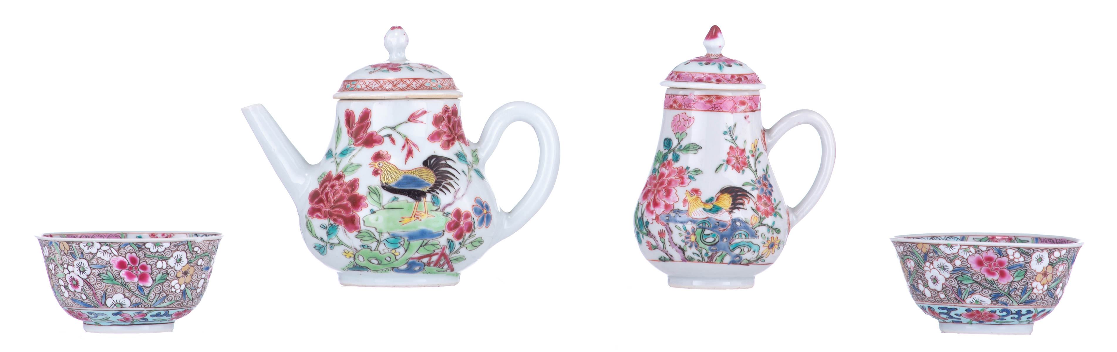 A Chinese famille rose export porcelain 'cockerel' teapot and sugar caster; added two ditto cups and - Image 2 of 7