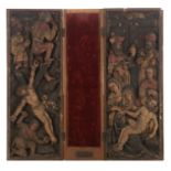 Two oak polychrome painted basso-relievo panels cut in the 16thC manner, the left panel depicting th