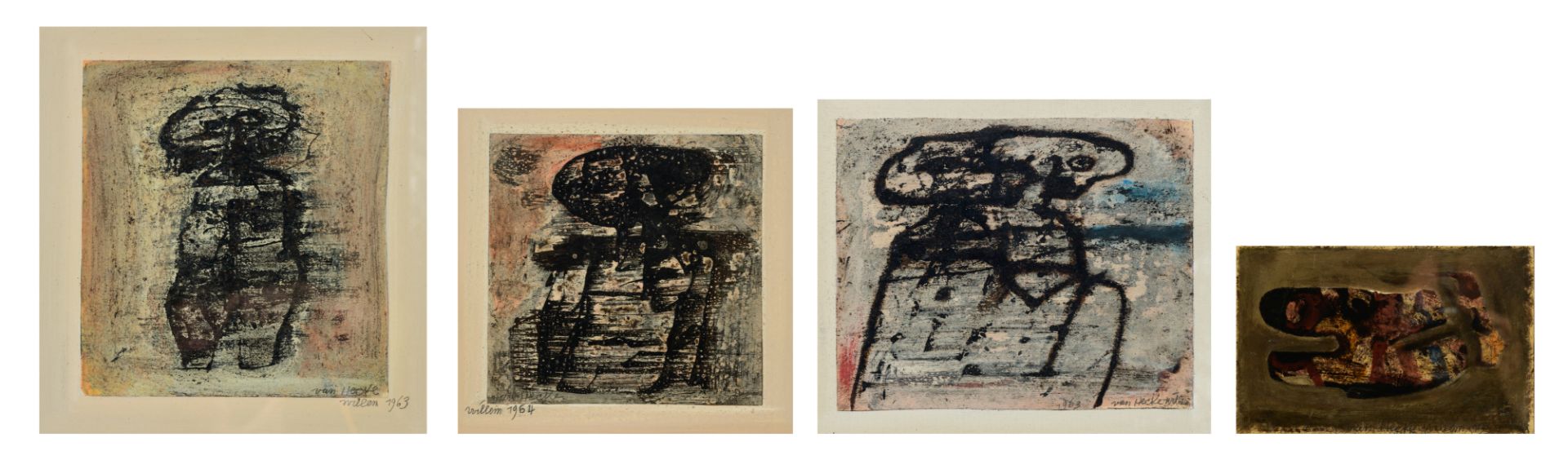 Van Hecke W., four untitled works, dated 1957, 1963, 1963 and 1964, mixed media, 34 x 40 - 40 x 45 c