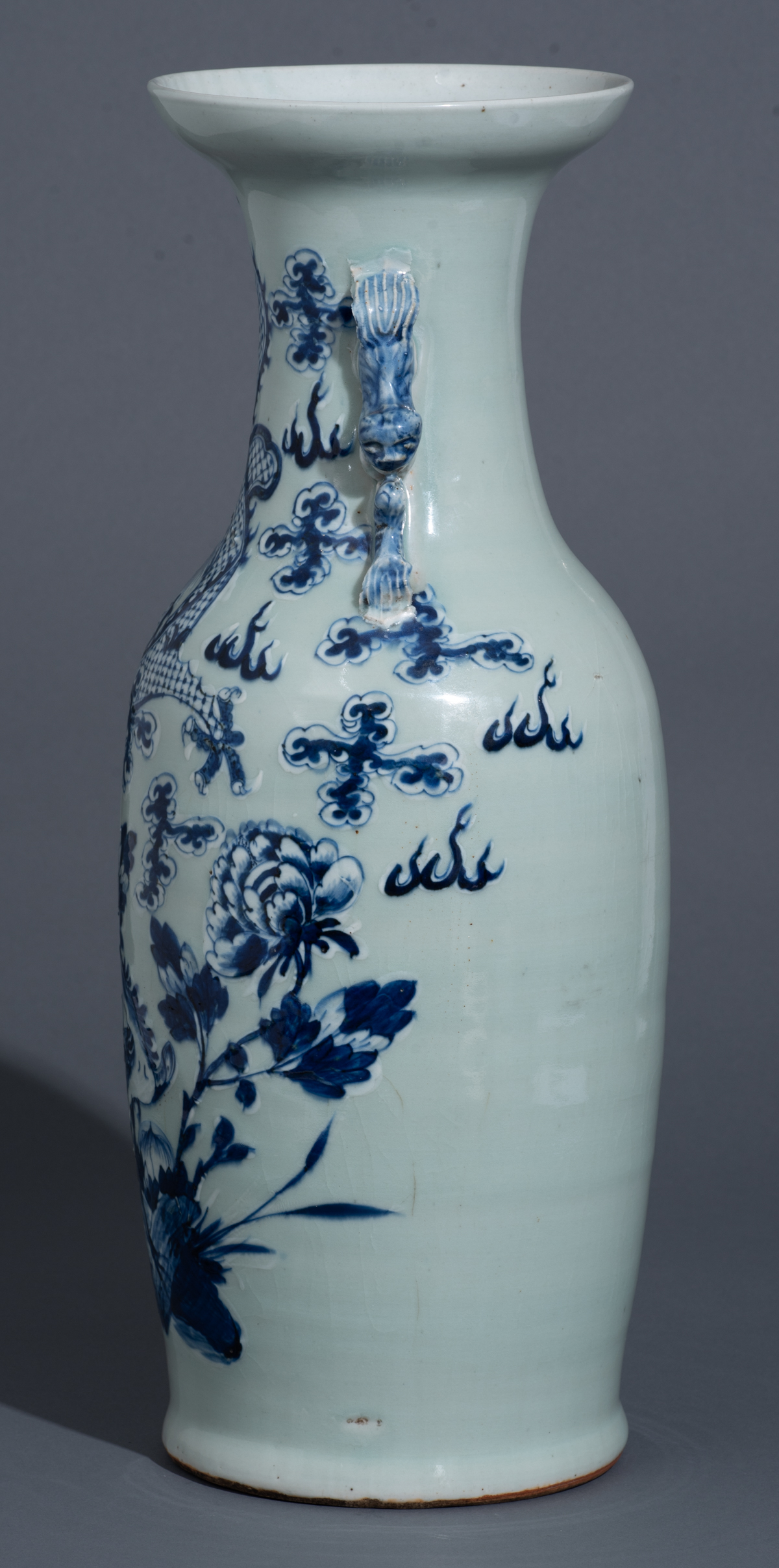 A Chinese celadon vase, blue and white decorated with a dragon and a phoenix, paired with Fu lions, - Image 3 of 8