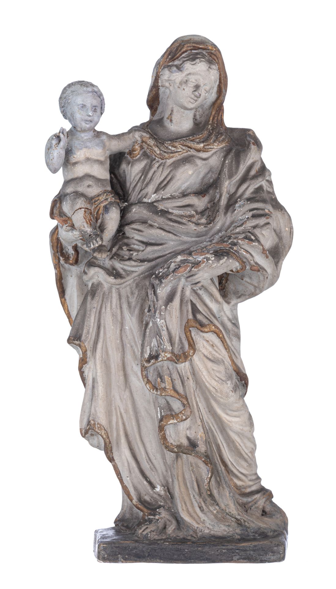 A grey patinated terracotta sculpture of the standing Holy Mother and Child, the Southern Netherland