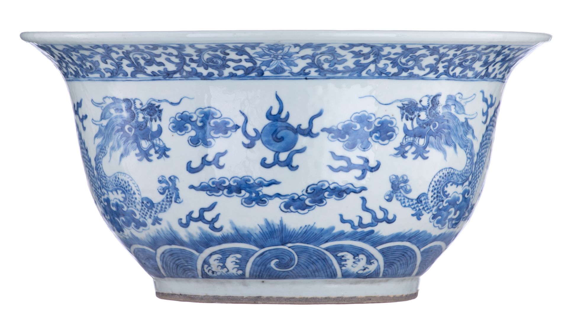 A Chinese blue and white jardinière, decorated with a pair of dragons chasing a flaming pearl amidst - Image 2 of 7