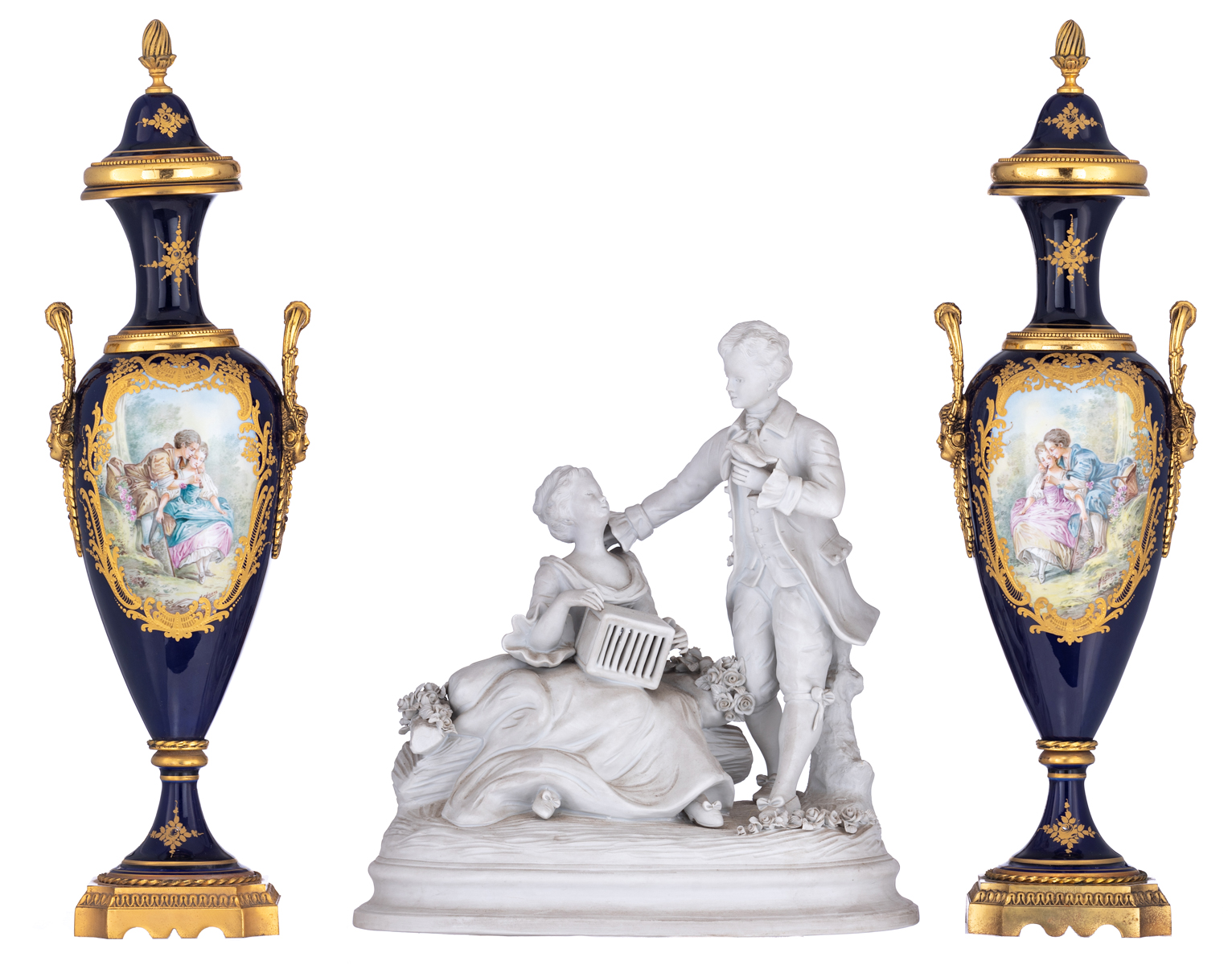 A pair of covered bleu royale ground Sèvres type vases, the roundels with hand-painted gallant scene
