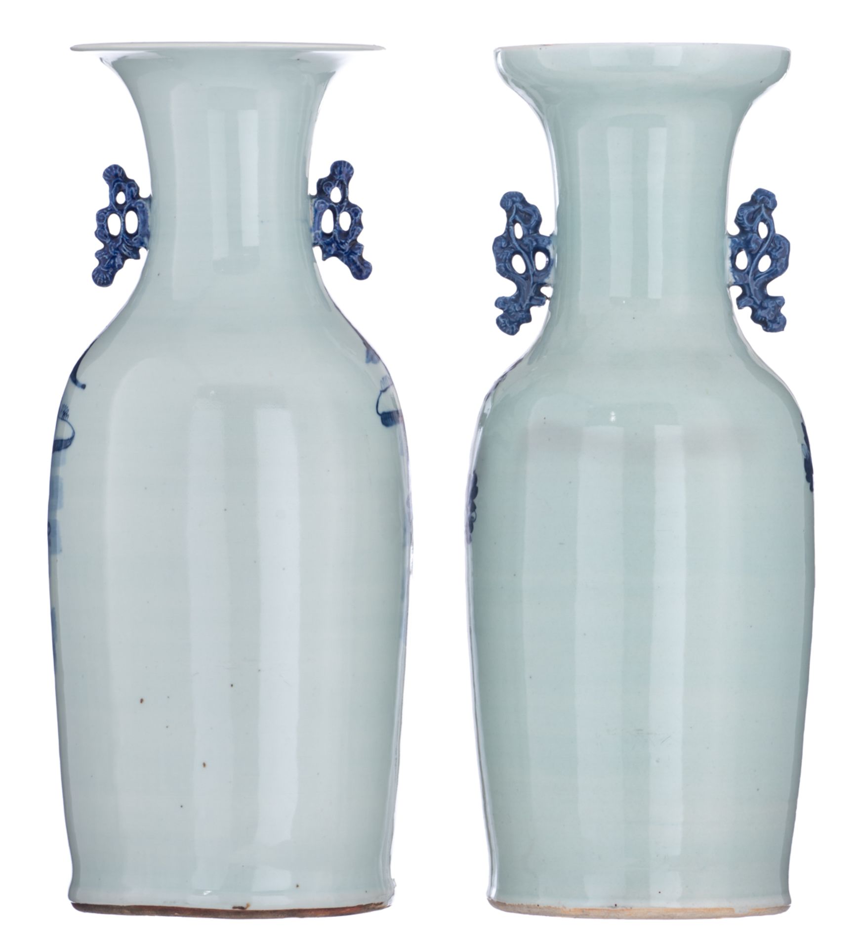 A Chinese celadon ground blue and white vase, decorated with phoenix among flowers; added a ditto va - Image 3 of 6