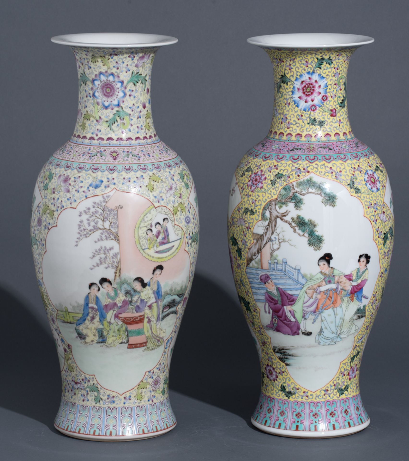 A Chinese Republic period yellow ground famille rose floral decorated vase, the panels with animated - Image 5 of 10