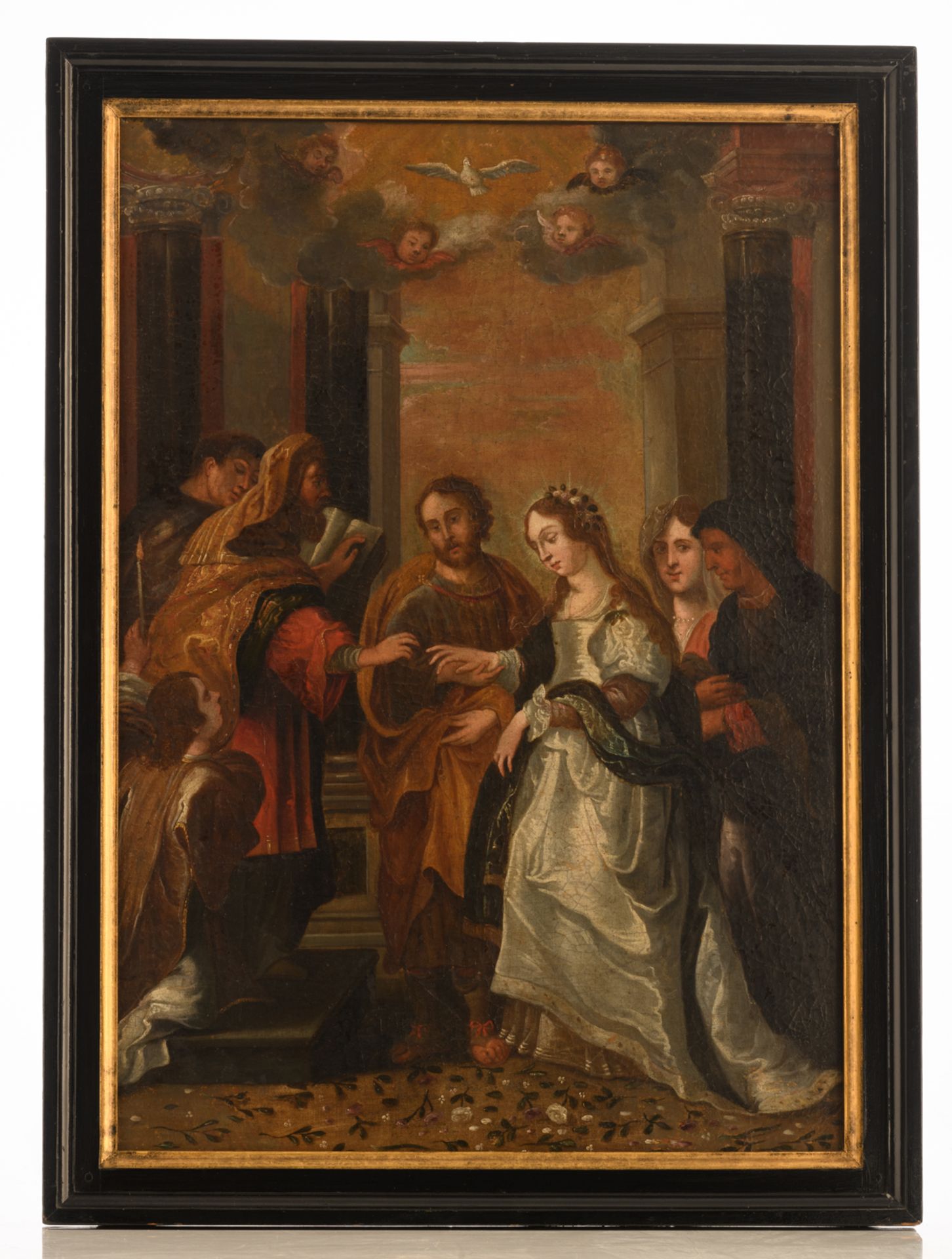No visible signature, the wedding of the Holy Mary and Saint Joseph, oil on canvas, 17th/18thC, form - Image 2 of 3