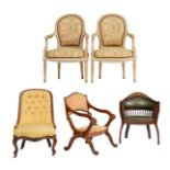 A collection of five antique chairs, consisting of a mahogany Renaissance-inspired armchair decorate