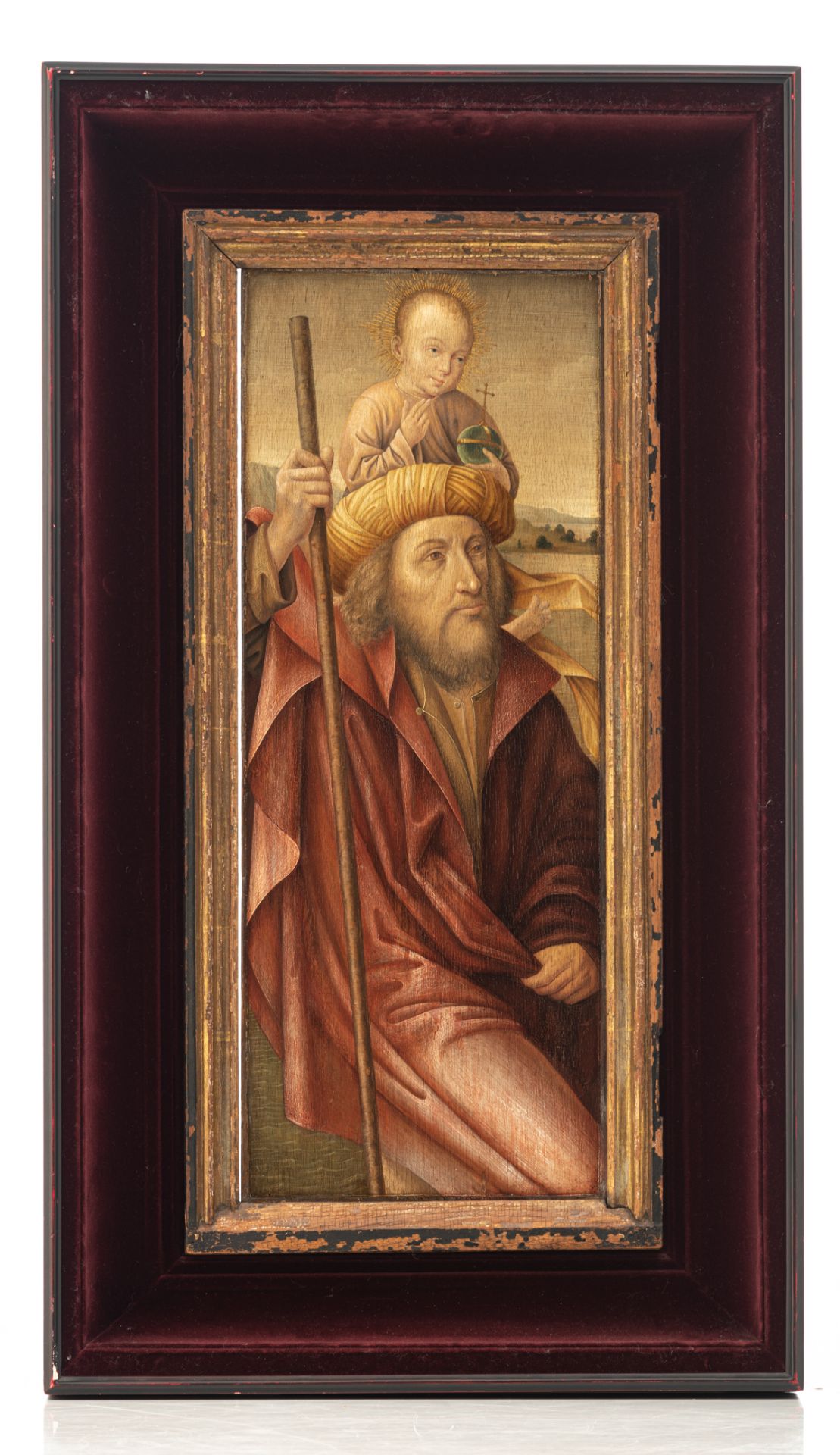 No visible signature, the side-panel of a (triptych) depicting the Holy Christofle carrying the Chil - Image 2 of 5
