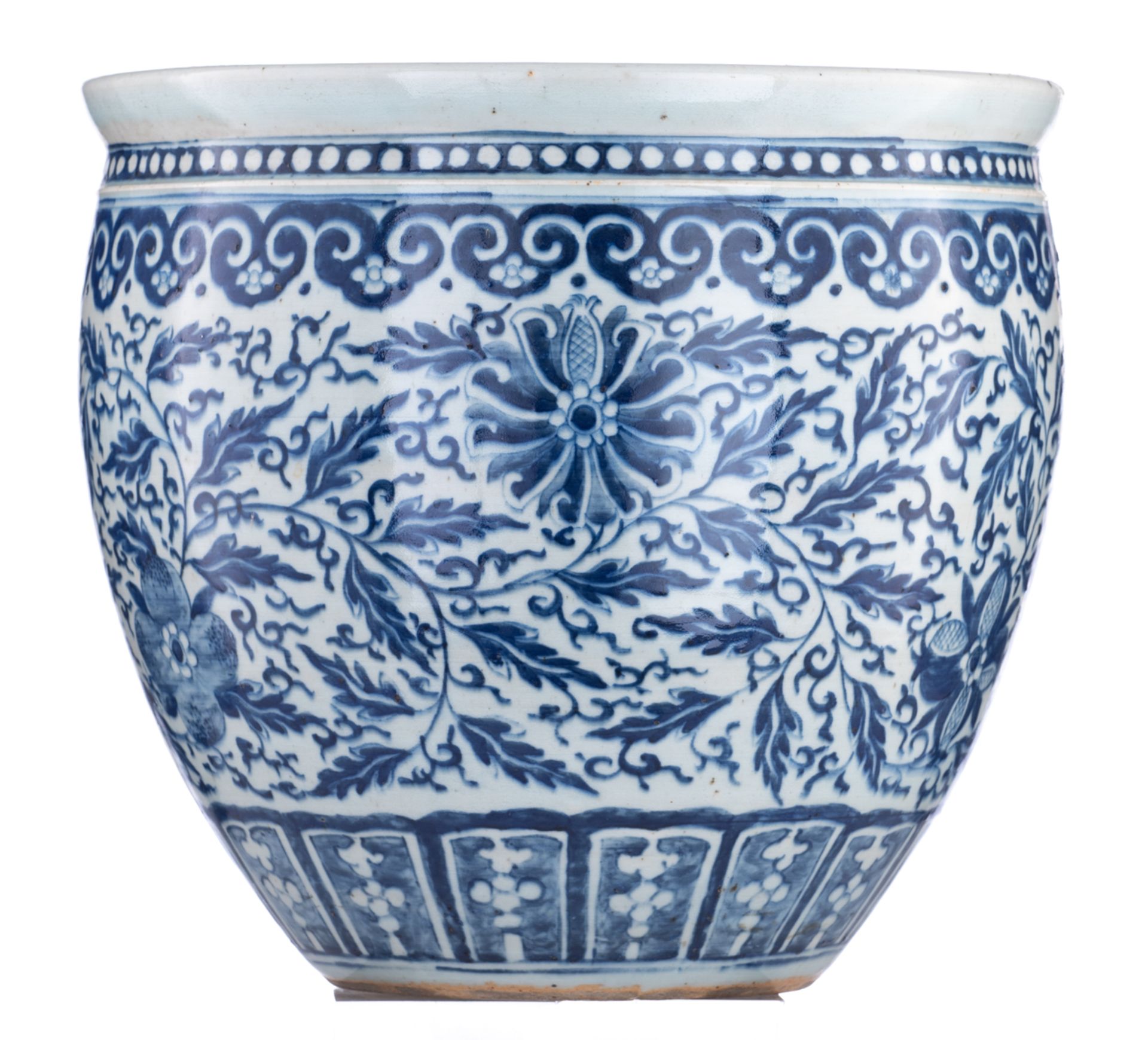 A Chinese blue and white cachepot, decorated with flower scrolls and leafy tendrils, 19thC, H 33 - ø - Image 2 of 7