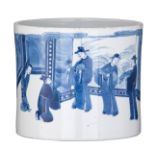 A Chinese blue and white brushpot, overall decorated with an animated scene with figures in a garden