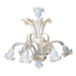 A fine floral decorated six-armed coloured Murano glass chandelier, H 85 - ø 90 cm