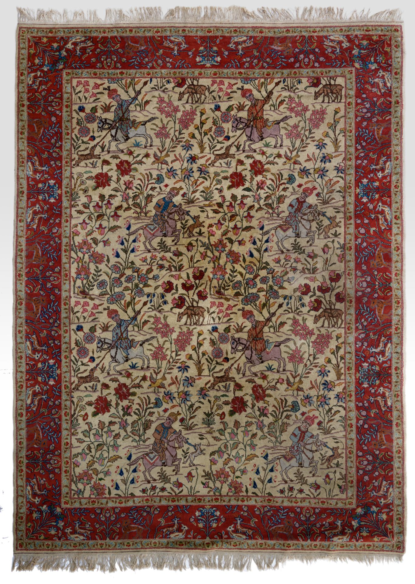 An Oriental woollen rug, decorated with hunting scènes to the center, and with animals and floral mo - Image 2 of 9