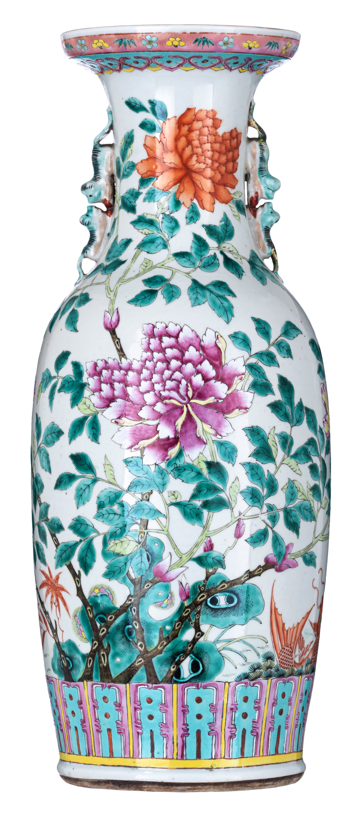 A Chinese famille rose vase, overall decorated with flowers, butterflies and carps, 19thC, H 61 cm