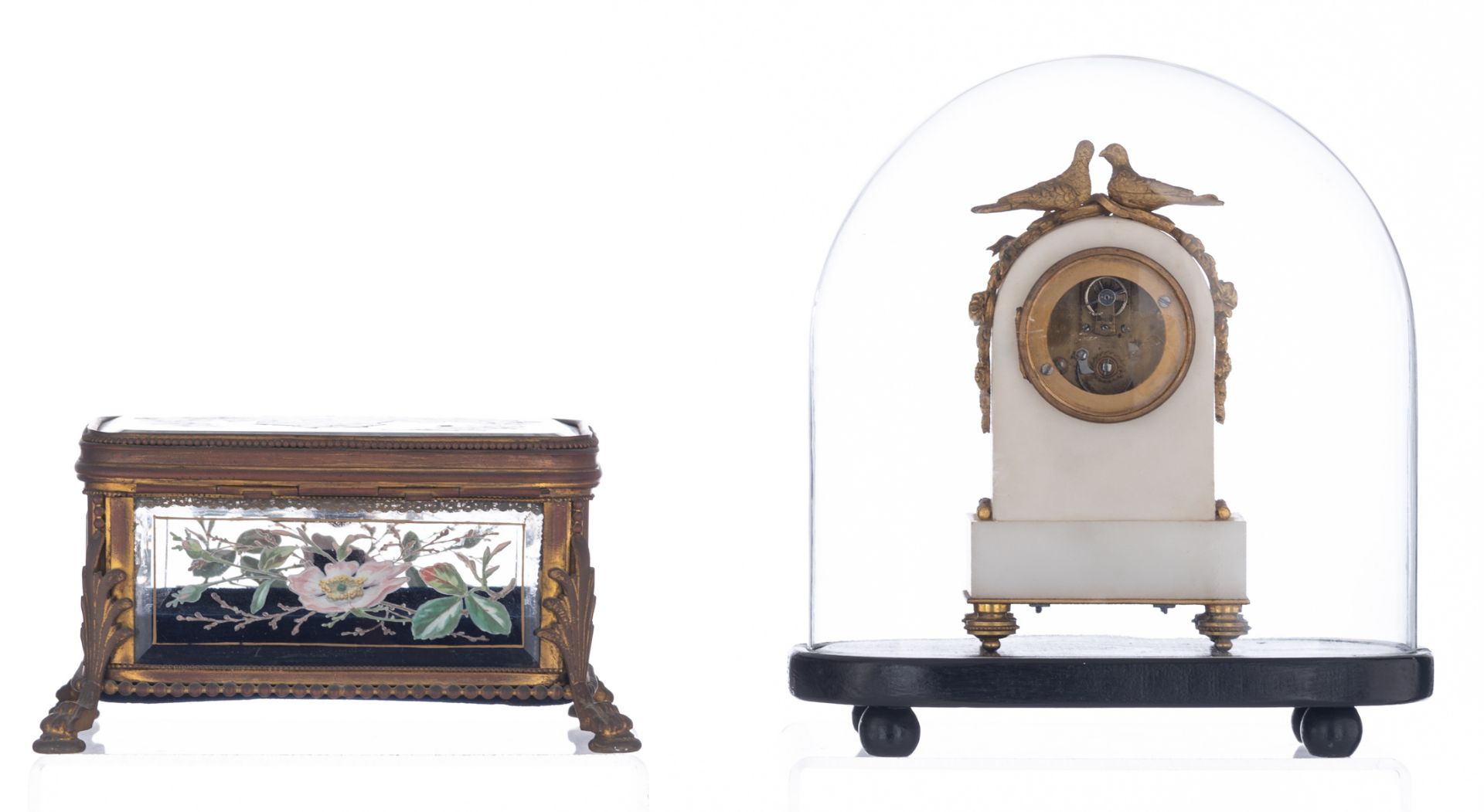 A French rectangular glass and brass mounted jewelry storage box, the glass with biased margins and - Image 4 of 12