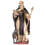 A polychrome painted oak sculpture of Saint Anthony, on a grey painted metal base, 18thC, H 97 - 153