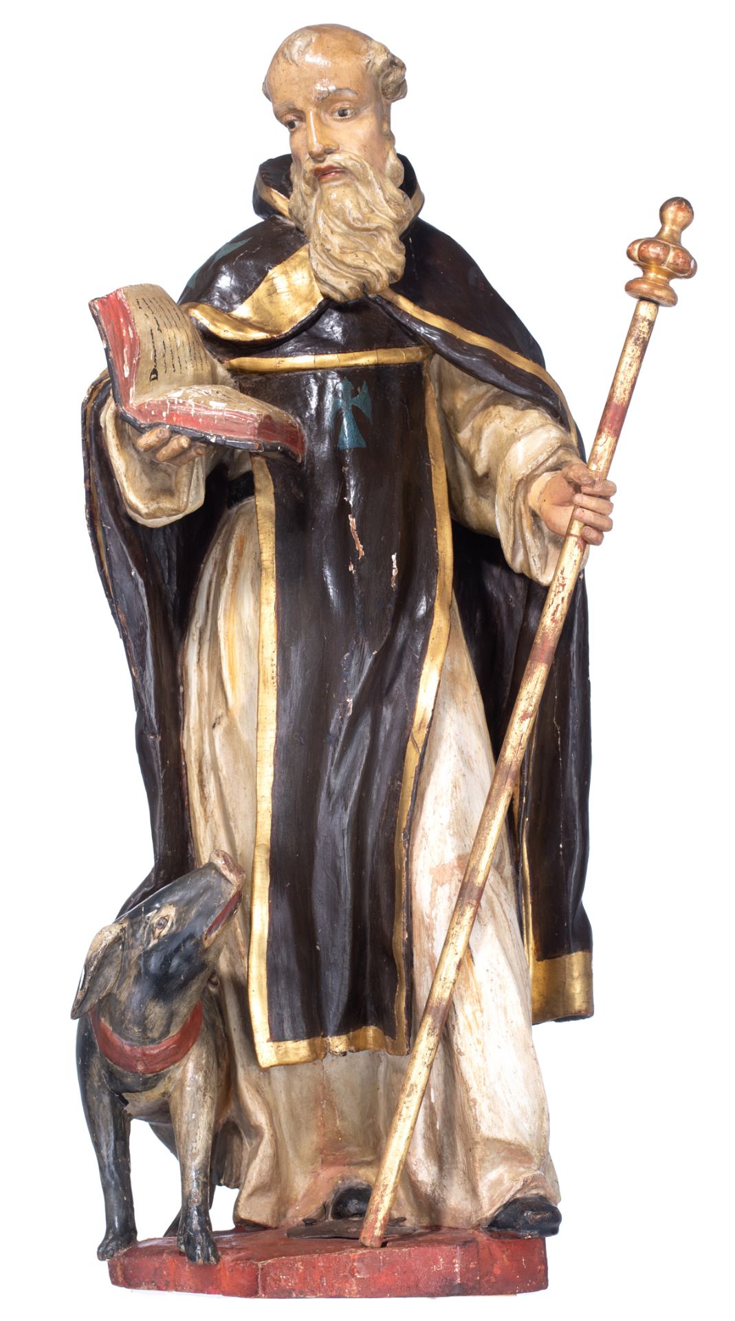 A polychrome painted oak sculpture of Saint Anthony, on a grey painted metal base, 18thC, H 97 - 153