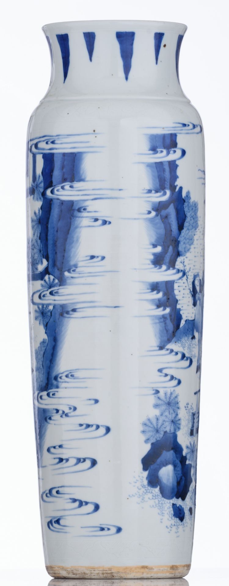 A Chinese Transitional period blue and white cylindrical vase with incised details, decorated with a - Image 8 of 22