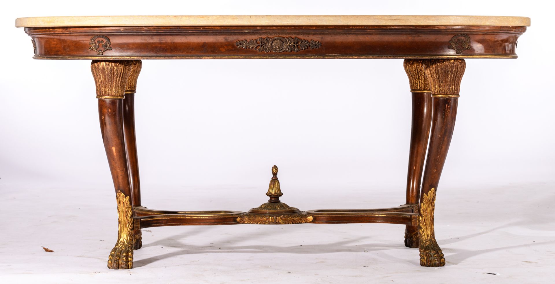 A gilt and mahogany veneered French Restauration style centre table, on claw-and-ball feet, with gil - Image 2 of 6
