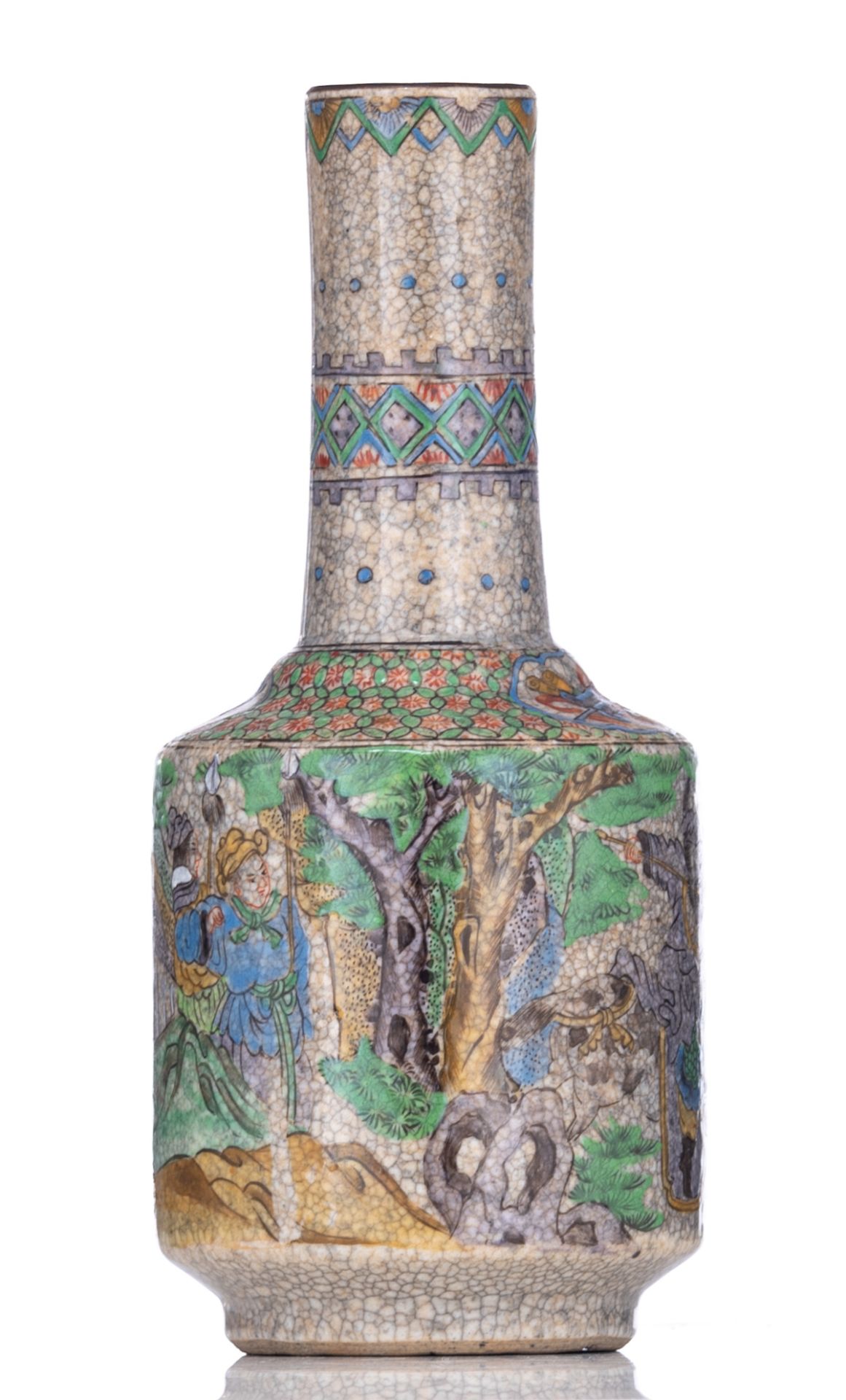 A Chinese polychrome stoneware vase, overall decorated with warrior scenes, H 22,5 cm - Image 5 of 7