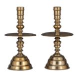 A large pair of brass Baroque type mid-drip socket candlesticks with baluster worked columns, H 45 c