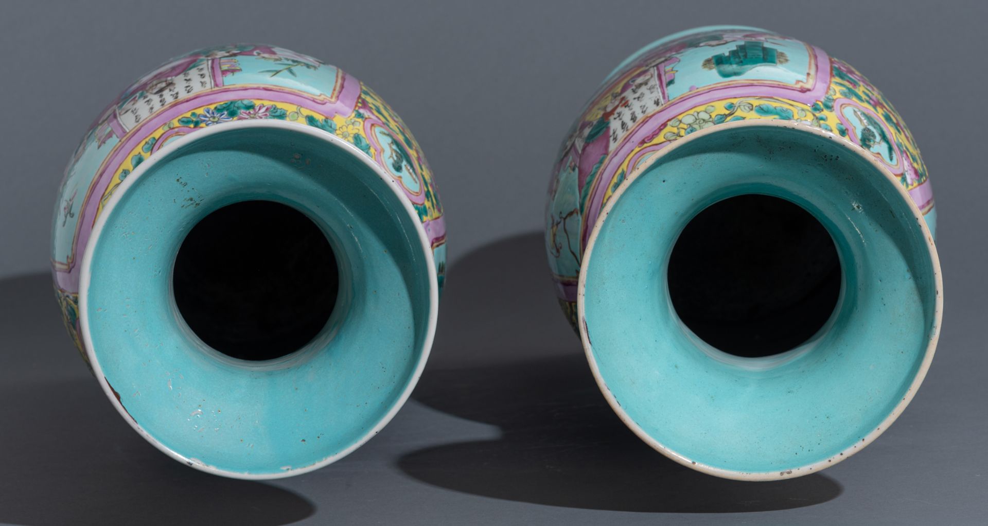 A pair of Chinese yellow and pale blue ground floral decorated famille rose vases, the panels with s - Image 7 of 8