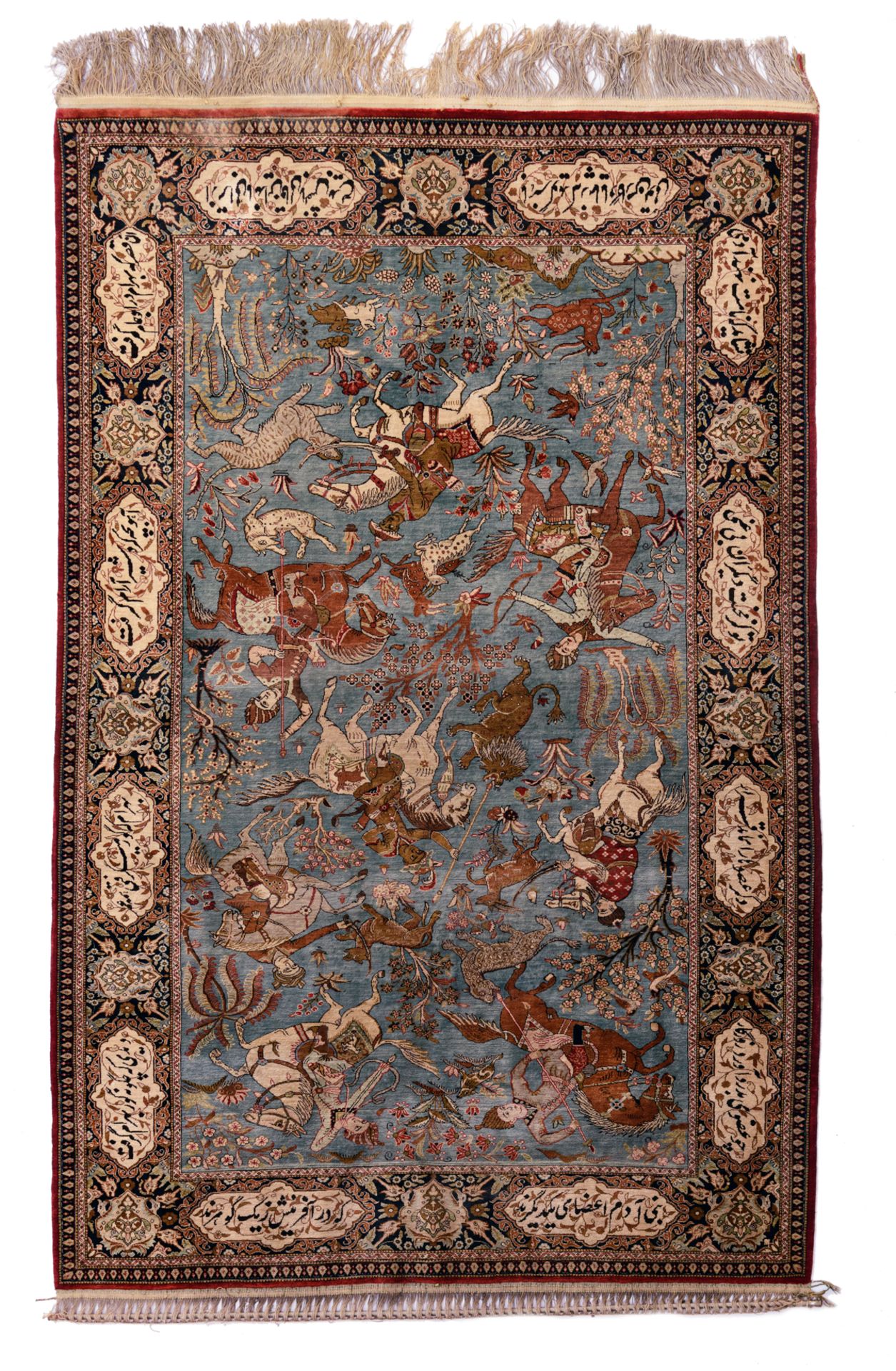 An Oriental woollen rug, decorated with hunting scènes and with inscriptions to the borders, 133 x 2