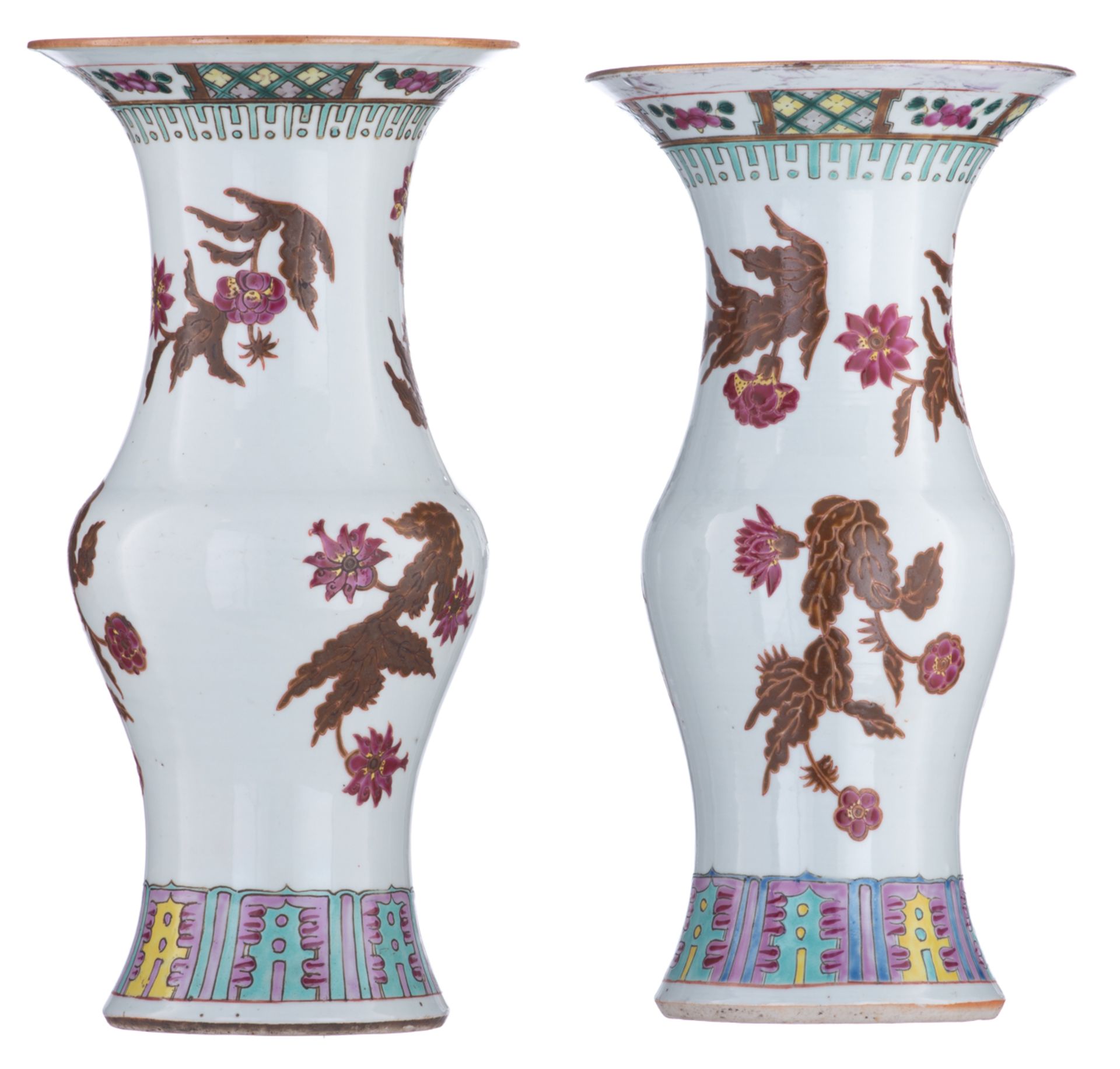 Two Chinese polychrome and famille rose floral decorated yenyen-vases, H 37 - 38 cm - Image 3 of 6