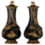 A large pair of Oriental blue ground and gilt relief vases, decorated with animated scenes, 19thC, H