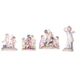 Four porcelain cherubs and putti groups with allegorical meaning; one figure probably depicting wint