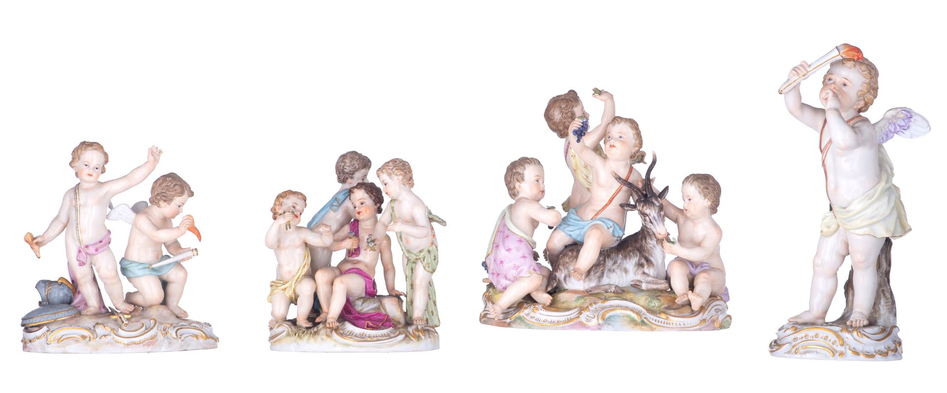 Four porcelain cherubs and putti groups with allegorical meaning; one figure probably depicting wint