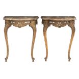 A pair of gilt wooden Rococo style consoles, with a Marron Emperador marble top, H 73 - W 60 - D 41