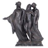 Rousseau V., 'Three Graces', dark patinated bronze on a noir Saint Laurent marble base, marked 'Fond