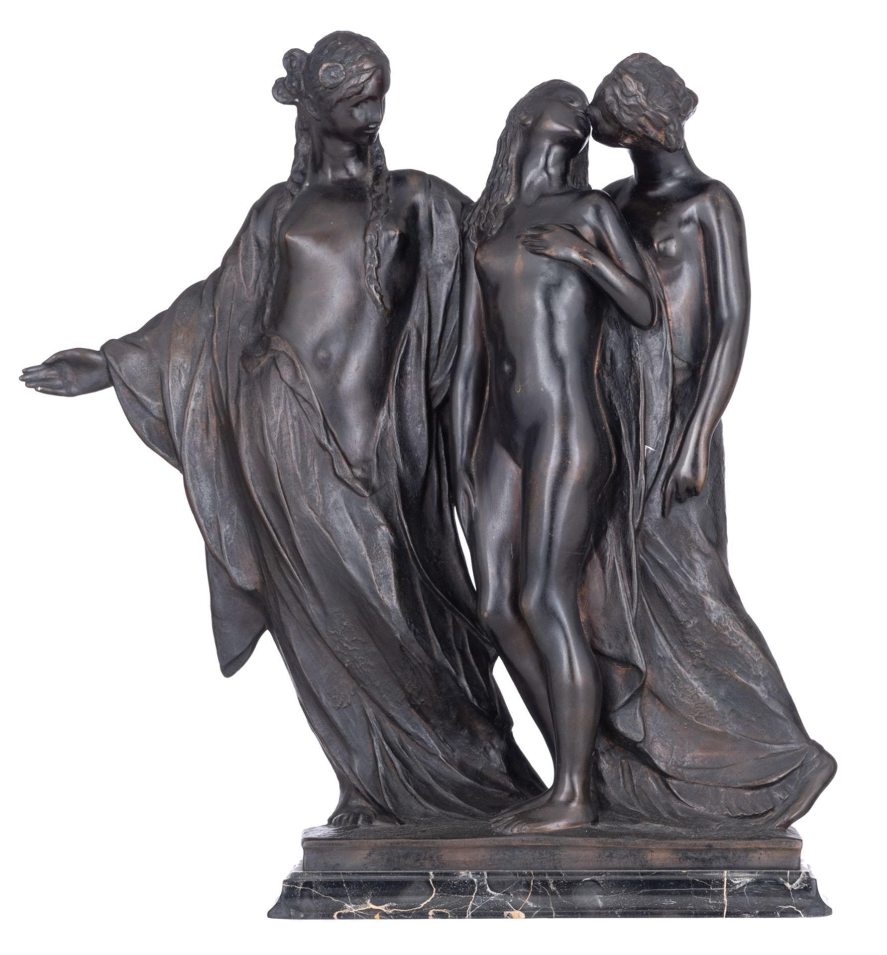 Rousseau V., 'Three Graces', dark patinated bronze on a noir Saint Laurent marble base, marked 'Fond