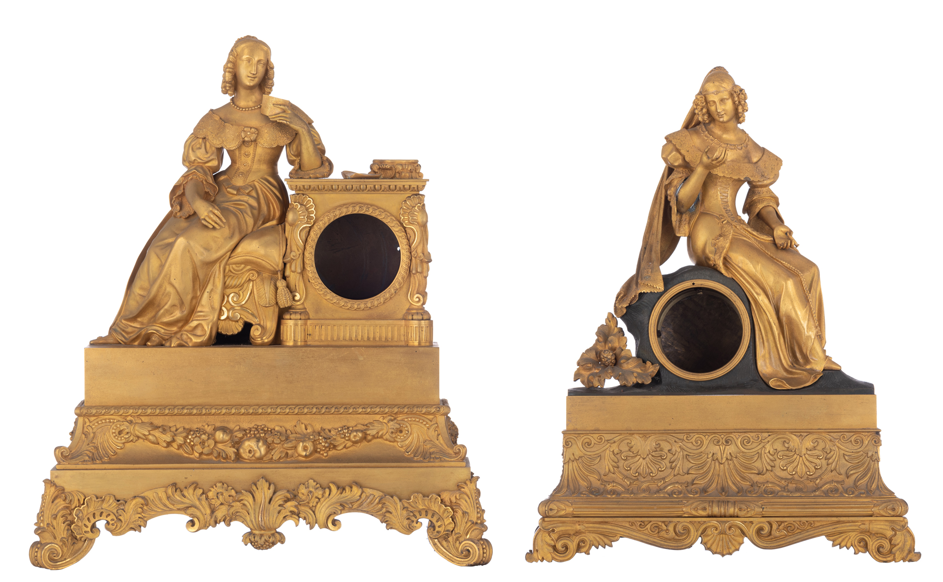 Two gilt bronze French Restauration period mantle clocks, with sitting beauties on top, both with mi