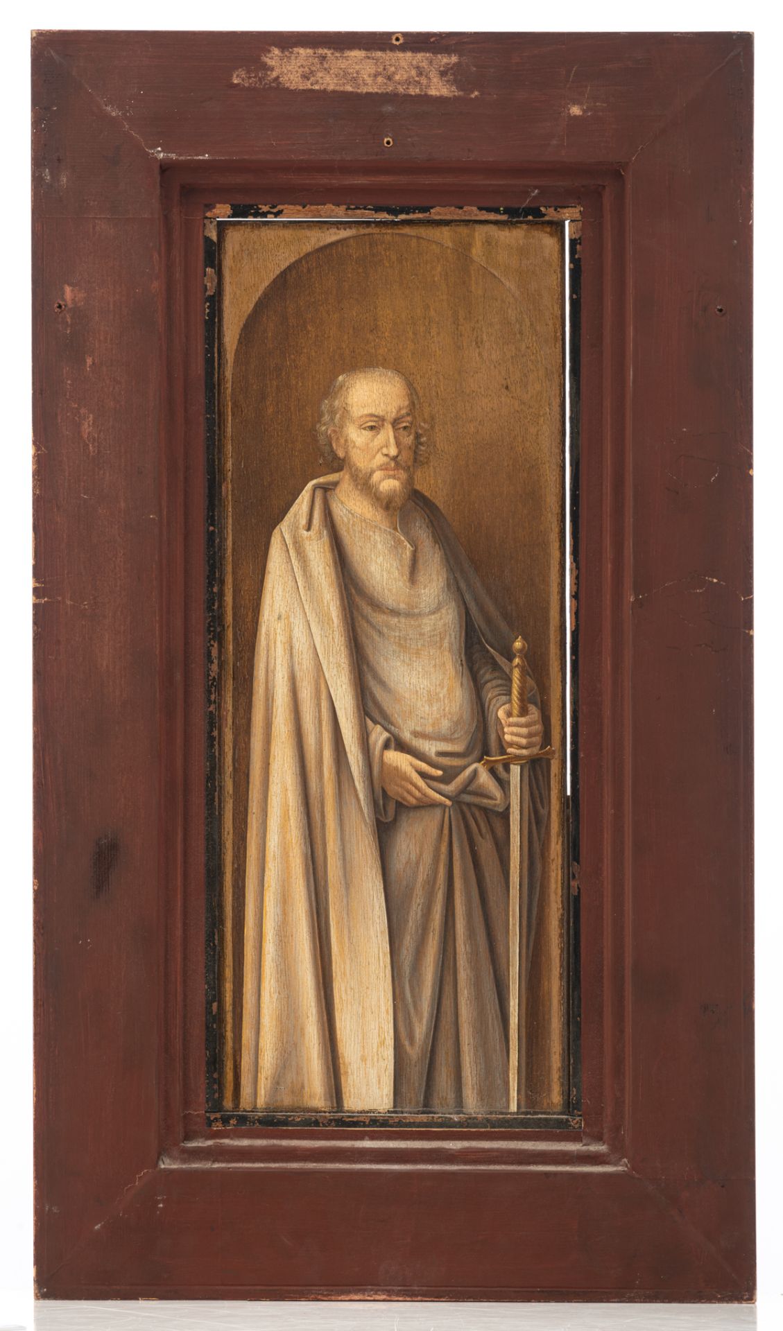 No visible signature, the side-panel of a (triptych) depicting the Holy Christofle carrying the Chil - Image 3 of 5