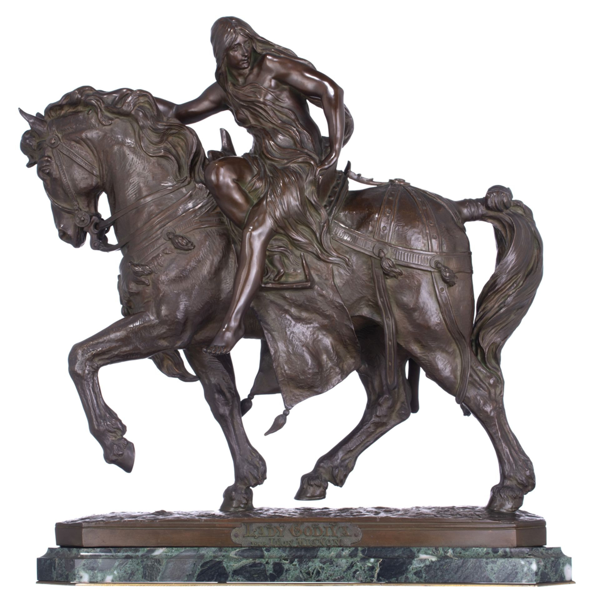 Mignon L., 'Lady Godiva', brown patinated bronze on a vert de mer marble base with gilt brass mounts