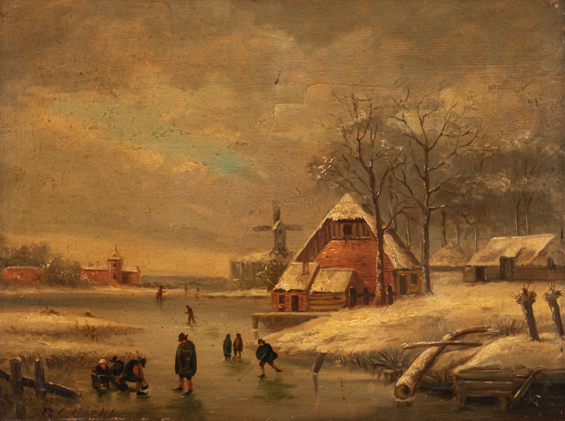 Koekkoek B.C., ice skaters in a winter landscape, oil on panel, 26 x 35 cm