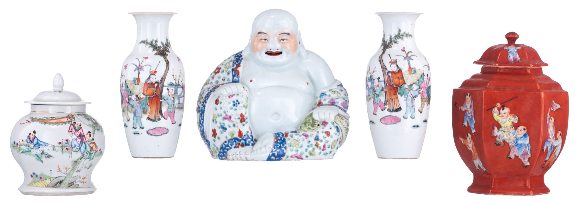 A pair of Chinese famille rose vases and a ditto covered vase, decorated with playing children, mark